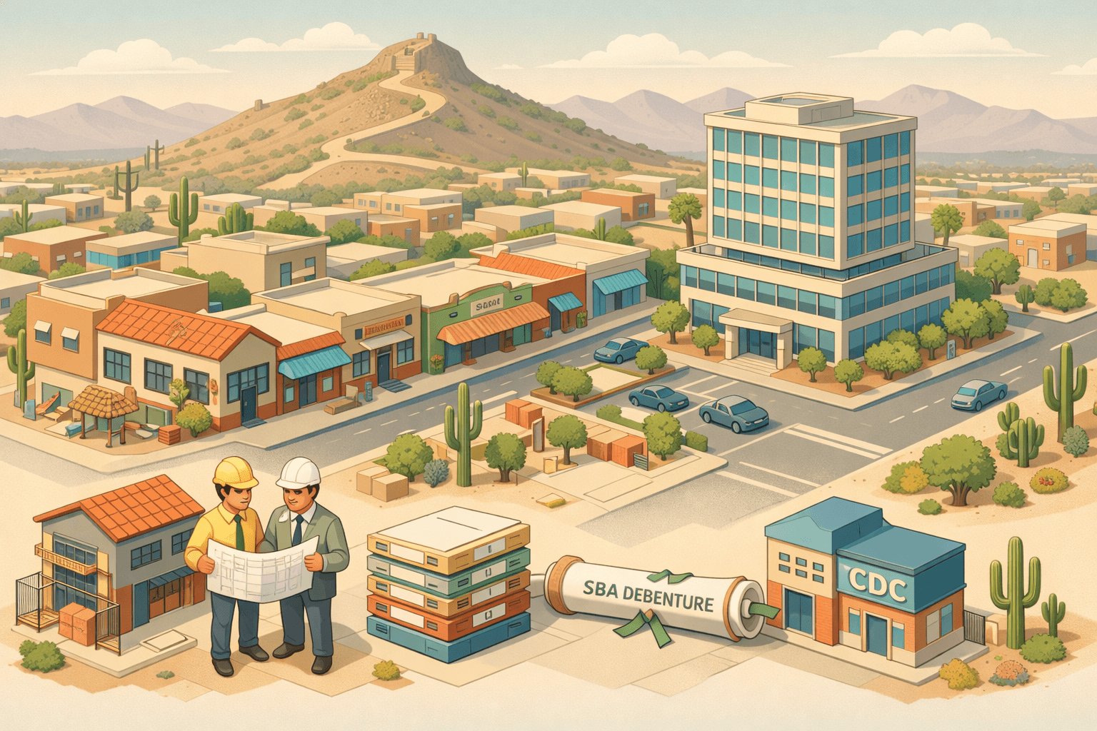 Isometric scene of Tucson commercial buildings with small business owners and lenders exchanging loan documents outside an owner-occupied property.