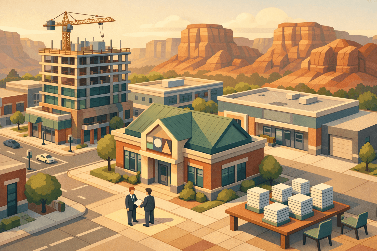 Isometric scene of a Utah business district with a community bank, commercial buildings, and small figures exchanging loan documents near red rock formations.