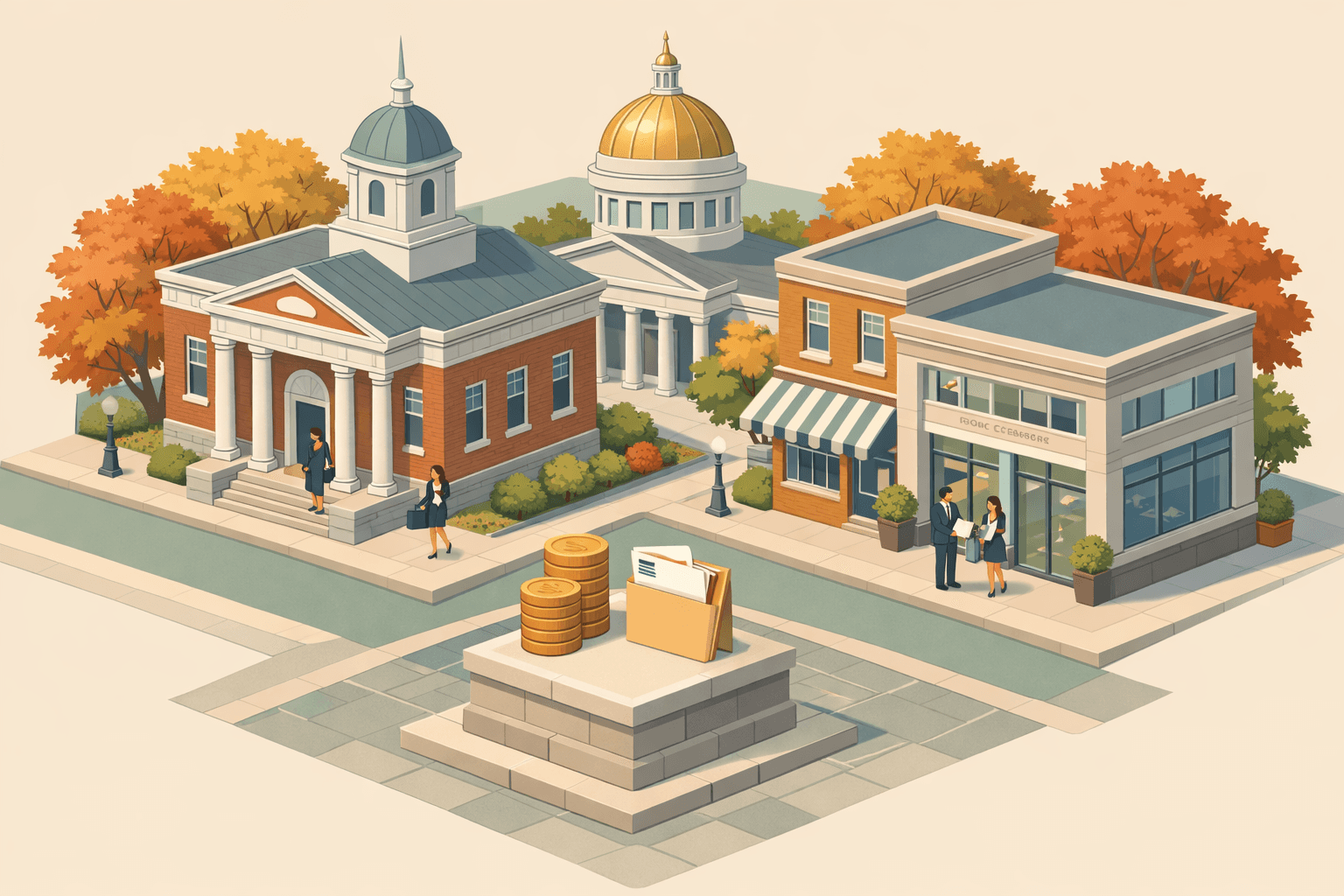 Isometric scene of a Vermont small town business district with a classic bank building, a domed civic structure, and maple trees surrounding small business offices.