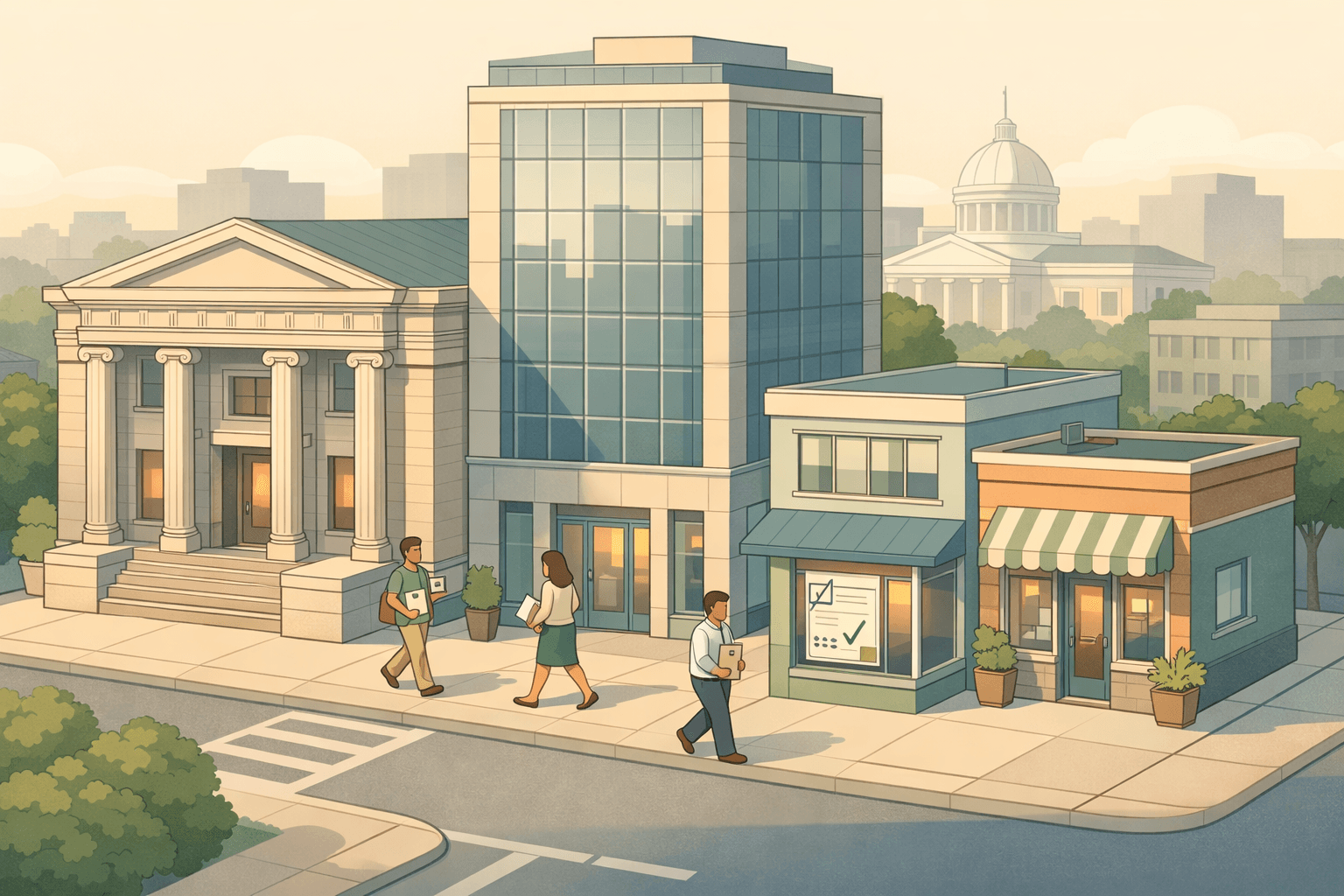 Isometric view of a Birmingham Alabama small business district with a bank building, commercial office, and storefront with tiny business owners nearby.