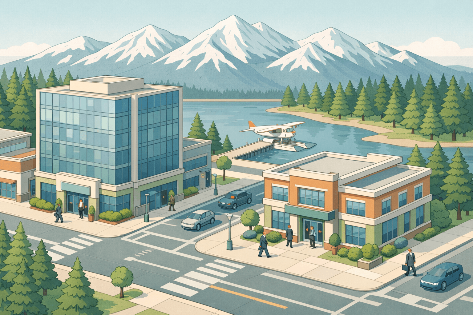 Isometric scene of an Anchorage business district with a bank building, mountain backdrop, spruce trees, and small figures near storefronts representing Alaska small business lending.