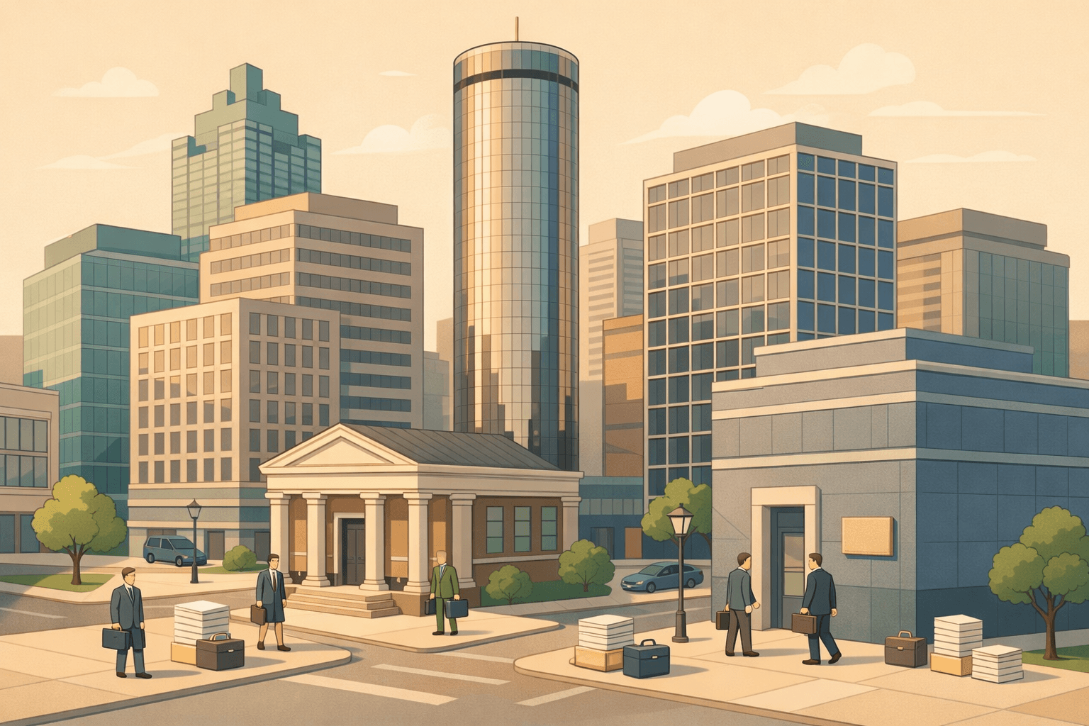 Isometric scene of Atlanta office buildings and a community bank branch with small business owners walking near the entrance carrying documents.