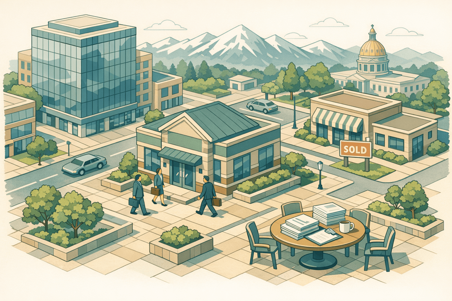 Isometric scene of a Colorado downtown business district with a bank branch, commercial buildings, mountain backdrop, and small figures of business owners near the entrance.