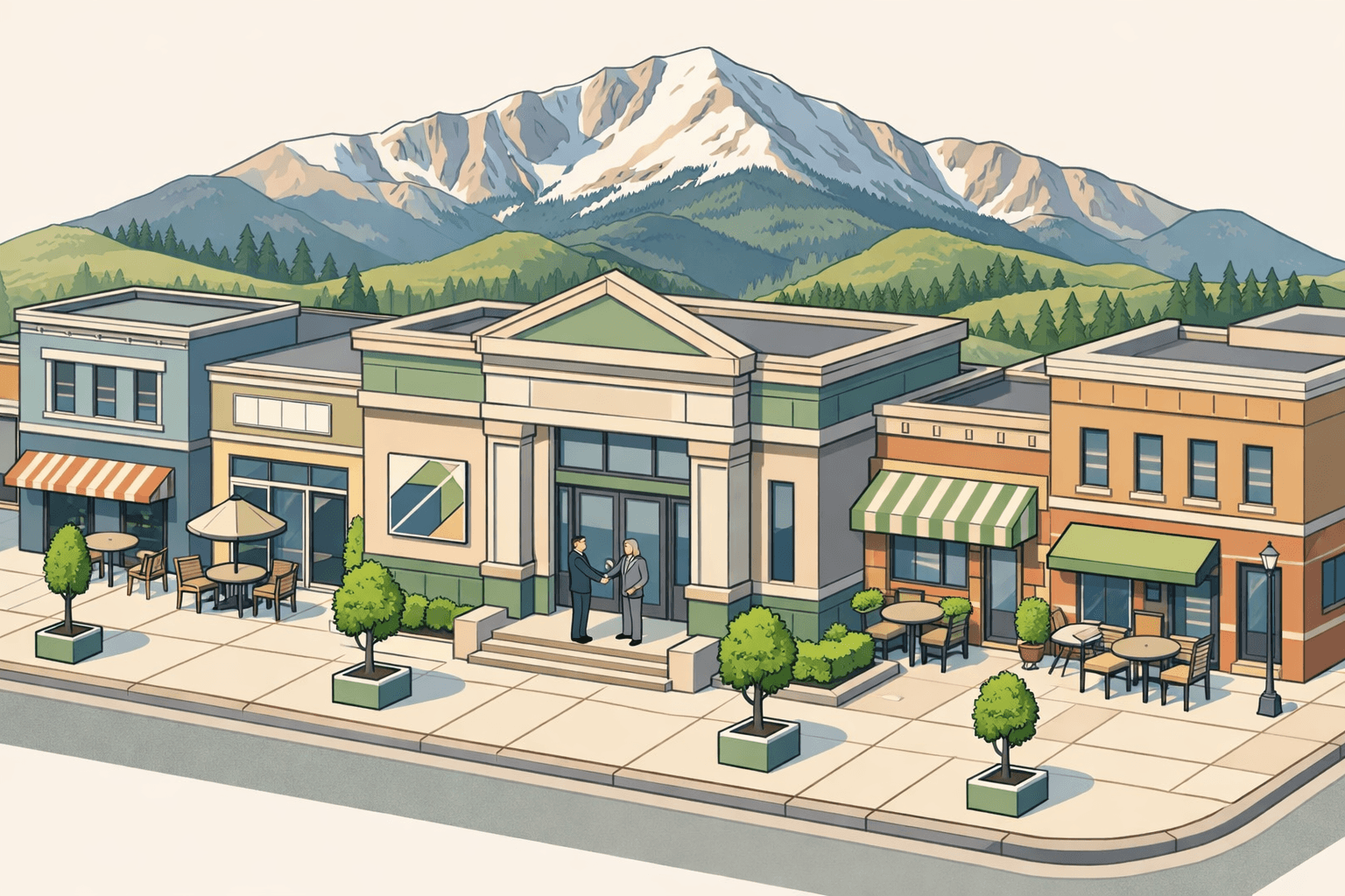 Isometric street scene of a Colorado Springs small business district with a community bank, storefronts, and Pikes Peak visible in the background.