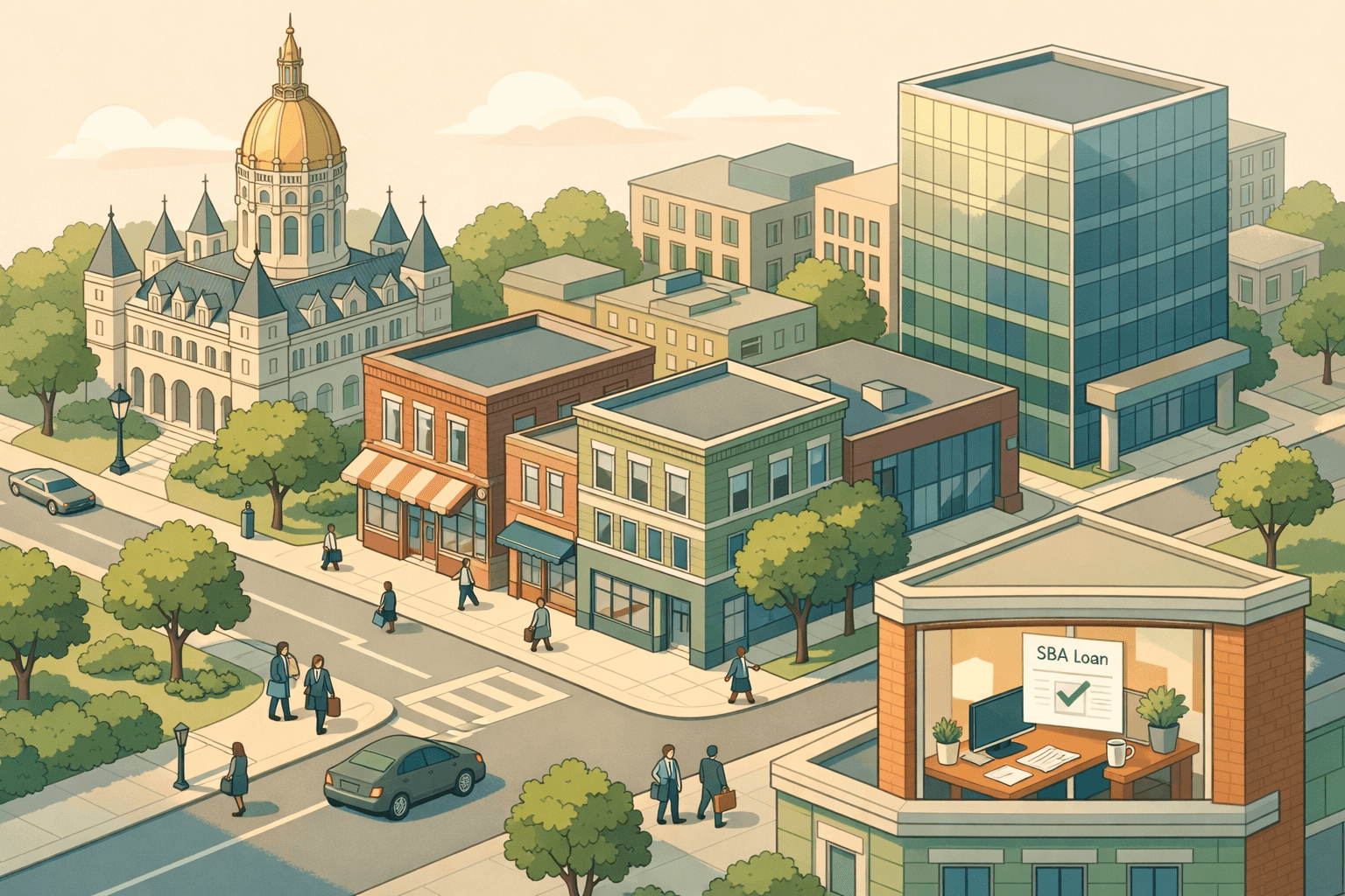 Isometric view of a Connecticut downtown with a capitol dome, brick storefronts, a bank building, and small business offices on tree-lined streets.