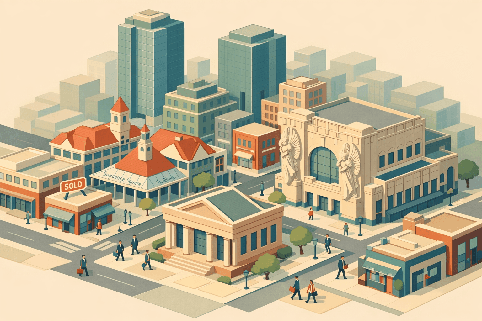 Isometric illustration of a Fort Worth city block with a small bank building, commercial storefronts, and tiny business figures walking through a downtown district.