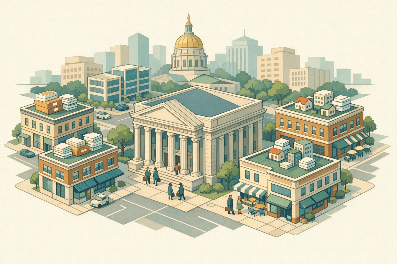 Isometric scene of a Georgia business district with a neoclassical bank, commercial buildings, small figures, and a capitol dome in the background.