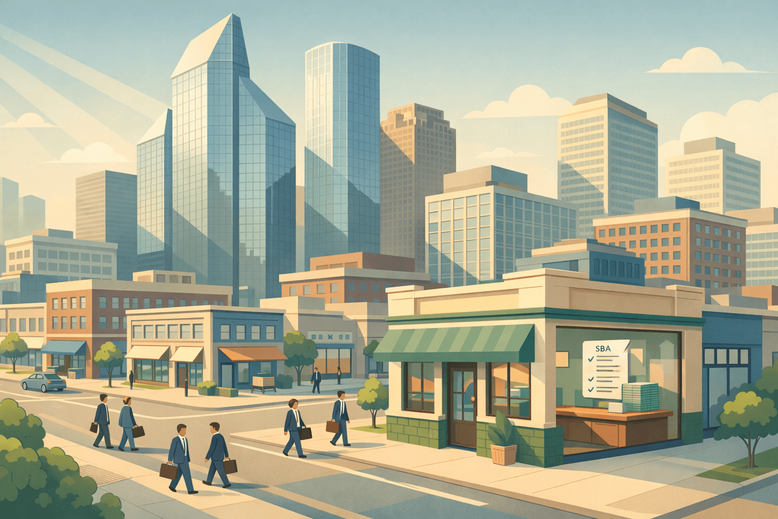 Isometric view of Houston city buildings with a community bank, small business storefronts, and tiny figures representing local business owners seeking financing.