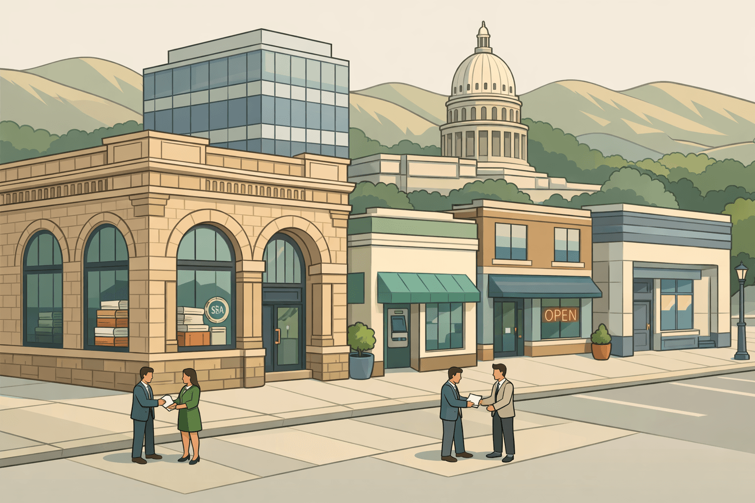 Isometric illustration of an Idaho downtown with a historic bank, modern office, and small business storefronts surrounded by high-desert hills.
