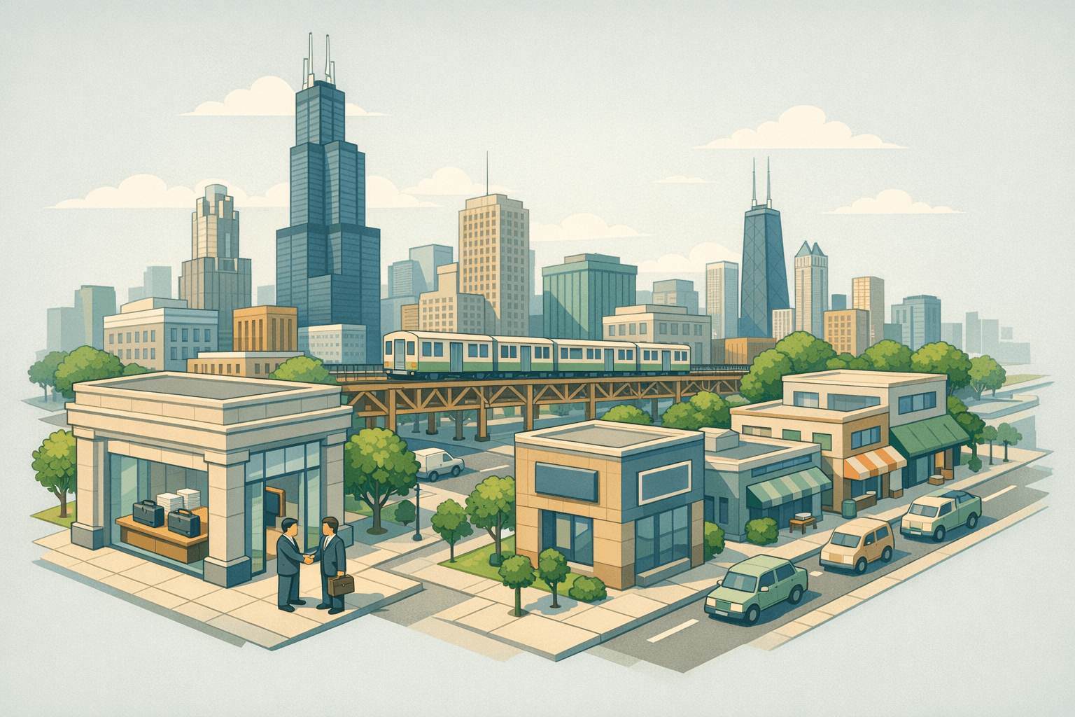 Isometric view of a Chicago-style urban block with small bank buildings, business storefronts, and tiny figures completing a business transaction outside a lending office.