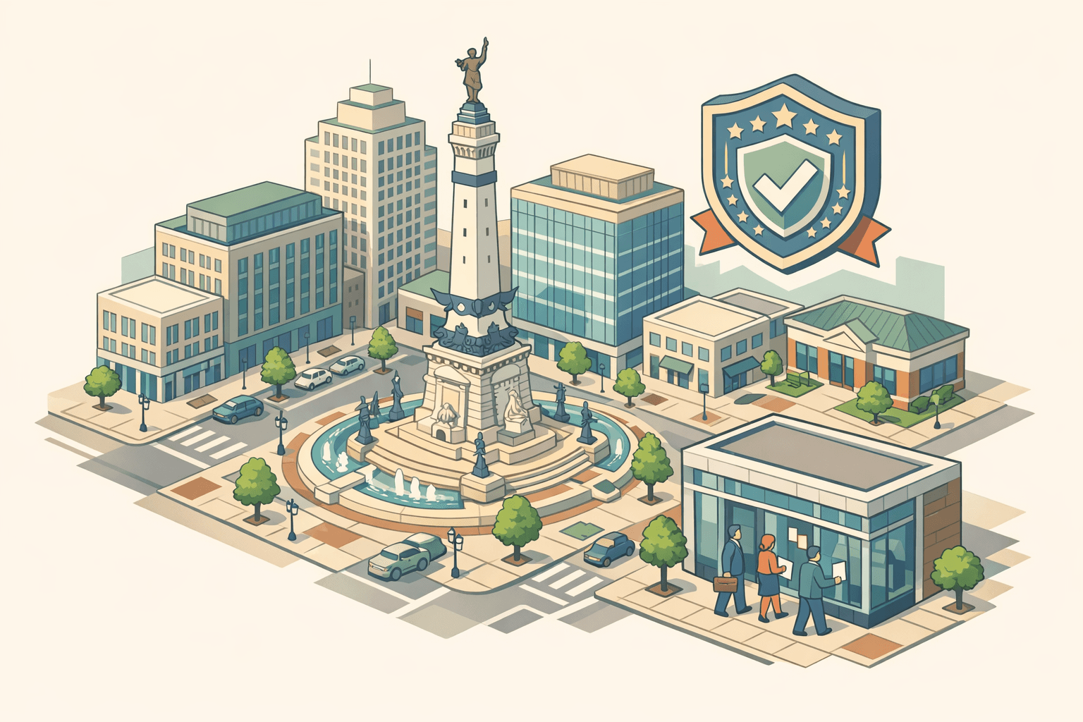 Isometric view of an Indianapolis cityscape with a community bank, office buildings, and small business owners entering a lending office.