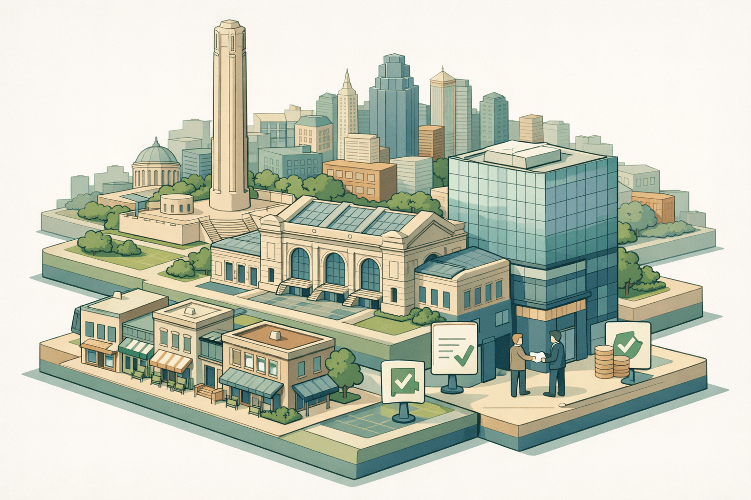 Isometric Kansas City skyline with a bank building, small business storefronts, a landmark tower, and tiny figures exchanging loan documents outside.