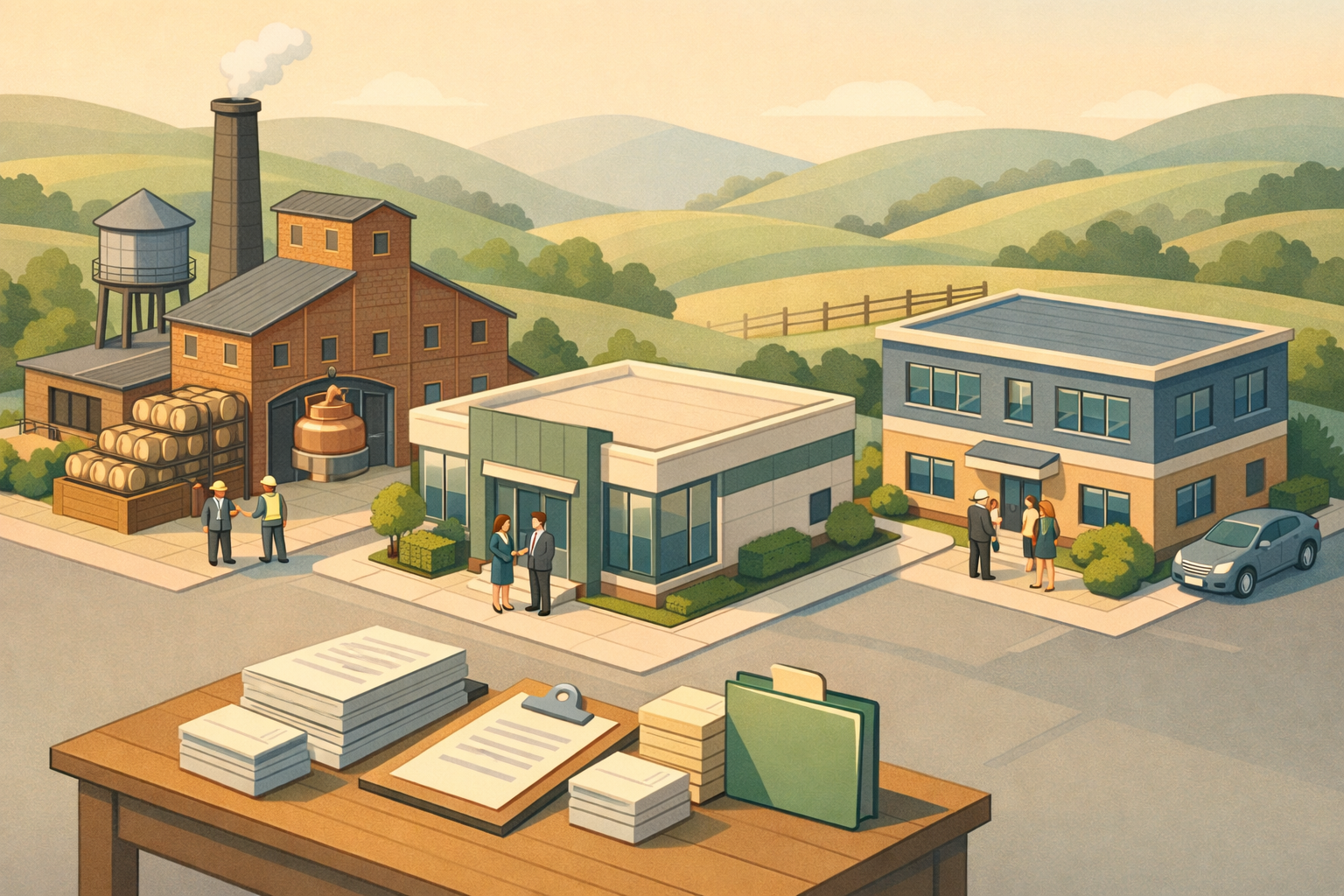 Isometric scene of a Kentucky small business district with a distillery, bank, and office buildings surrounded by bluegrass hills and small figures.