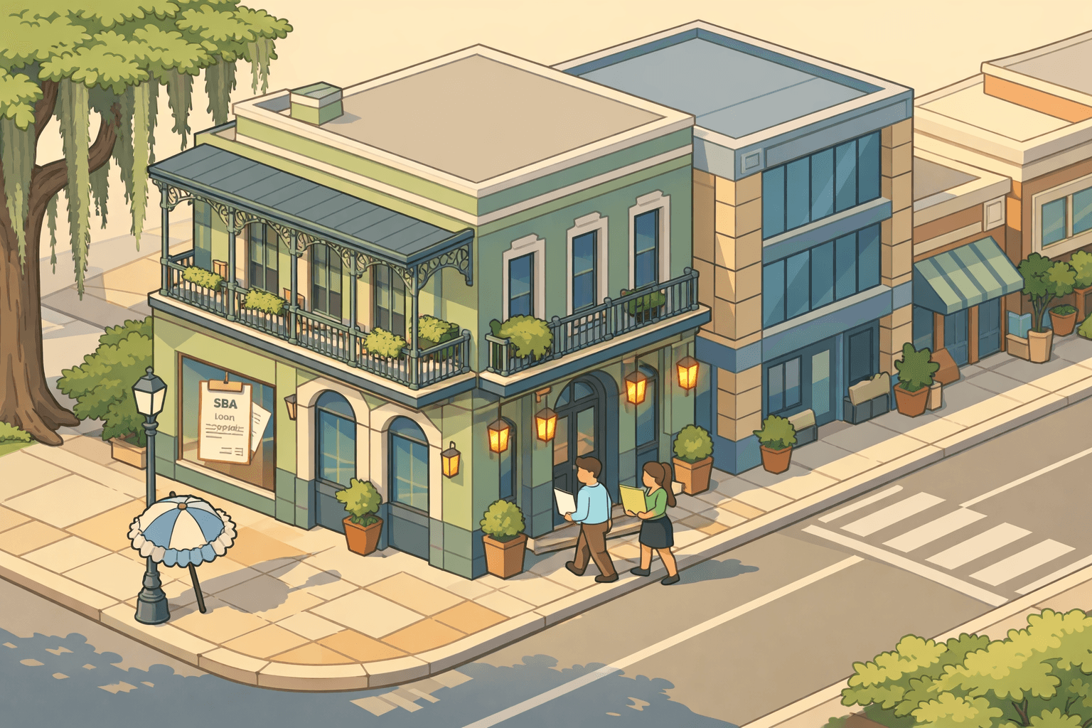 Isometric illustration of a Louisiana business district with a historic bank building, modern office, and small figures representing small business owners.