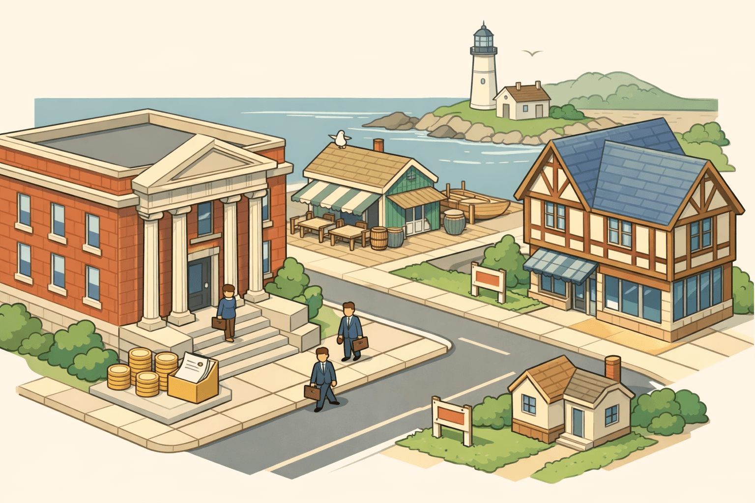 Isometric view of a Maine coastal town with a bank building, lighthouse, small businesses, and figures suggesting small business lending activity.