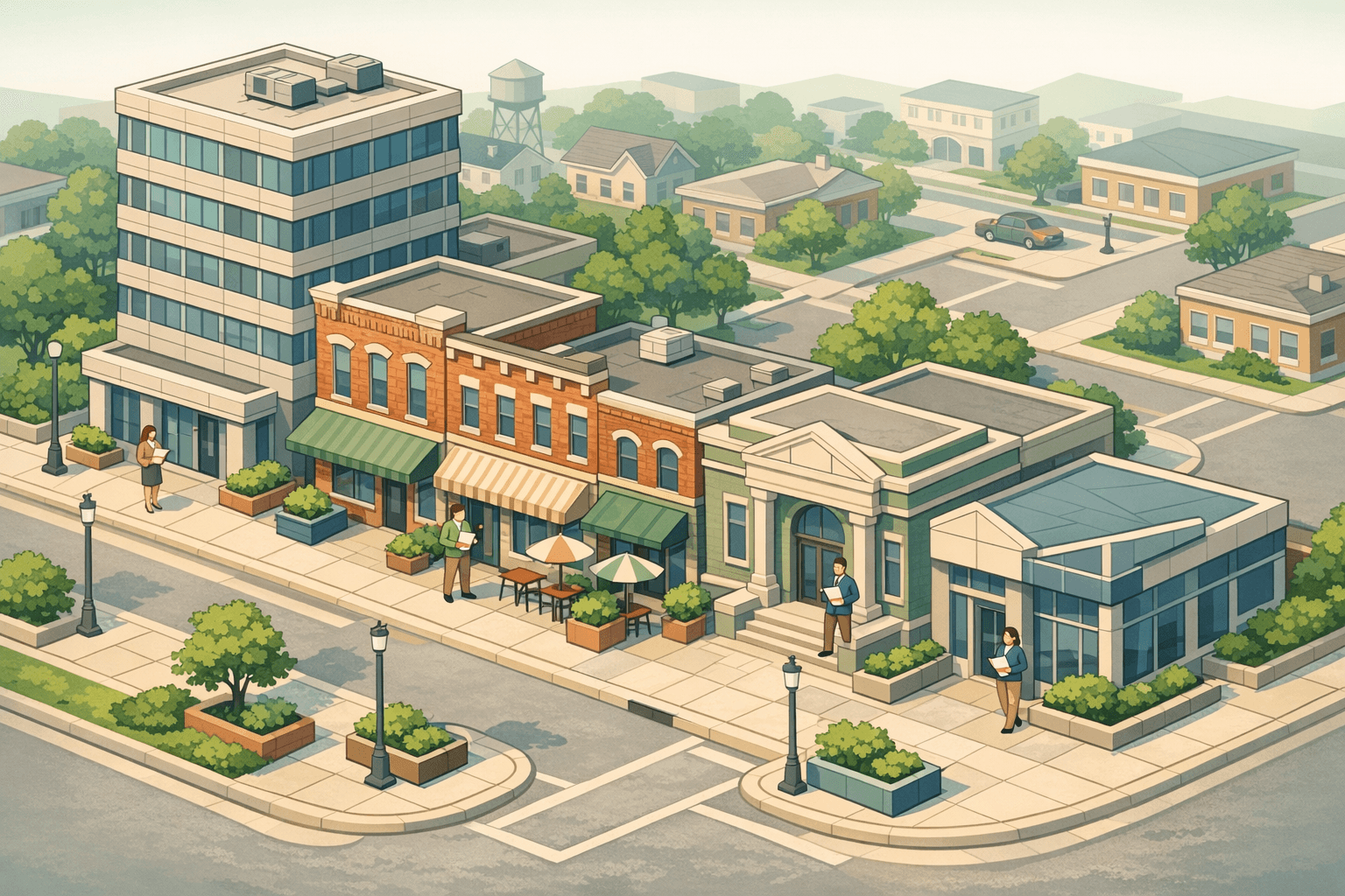 Isometric Michigan city scene with a bank branch, commercial storefronts, and small business owners near building entrances representing SBA lending activity.