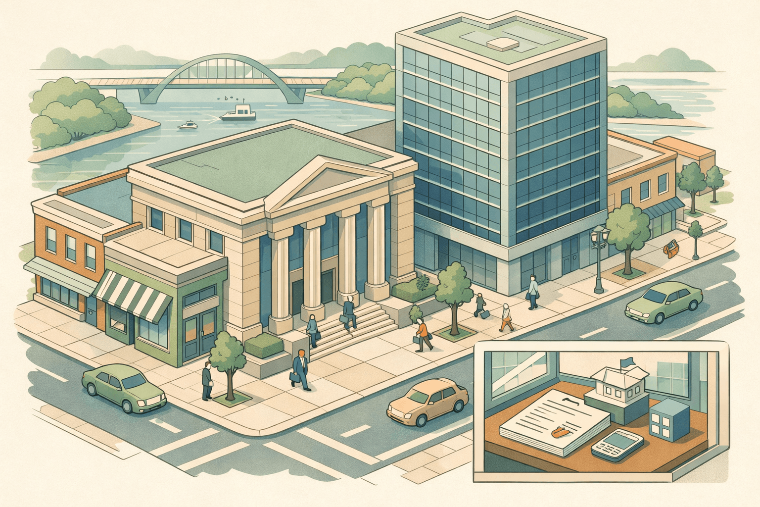 Isometric illustration of a Minnesota downtown block with a classic bank building, modern office tower, and small figures near a commercial street.