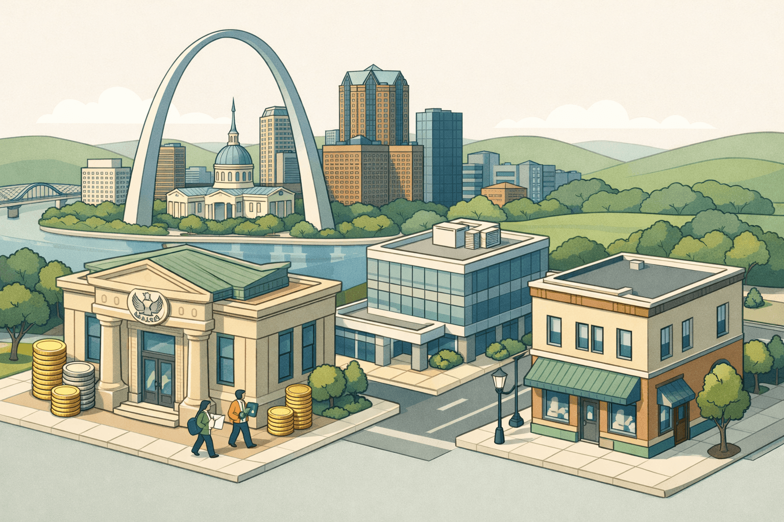 Isometric illustration of a Missouri cityscape with the Gateway Arch, a community bank, commercial buildings, and small figures carrying business documents.