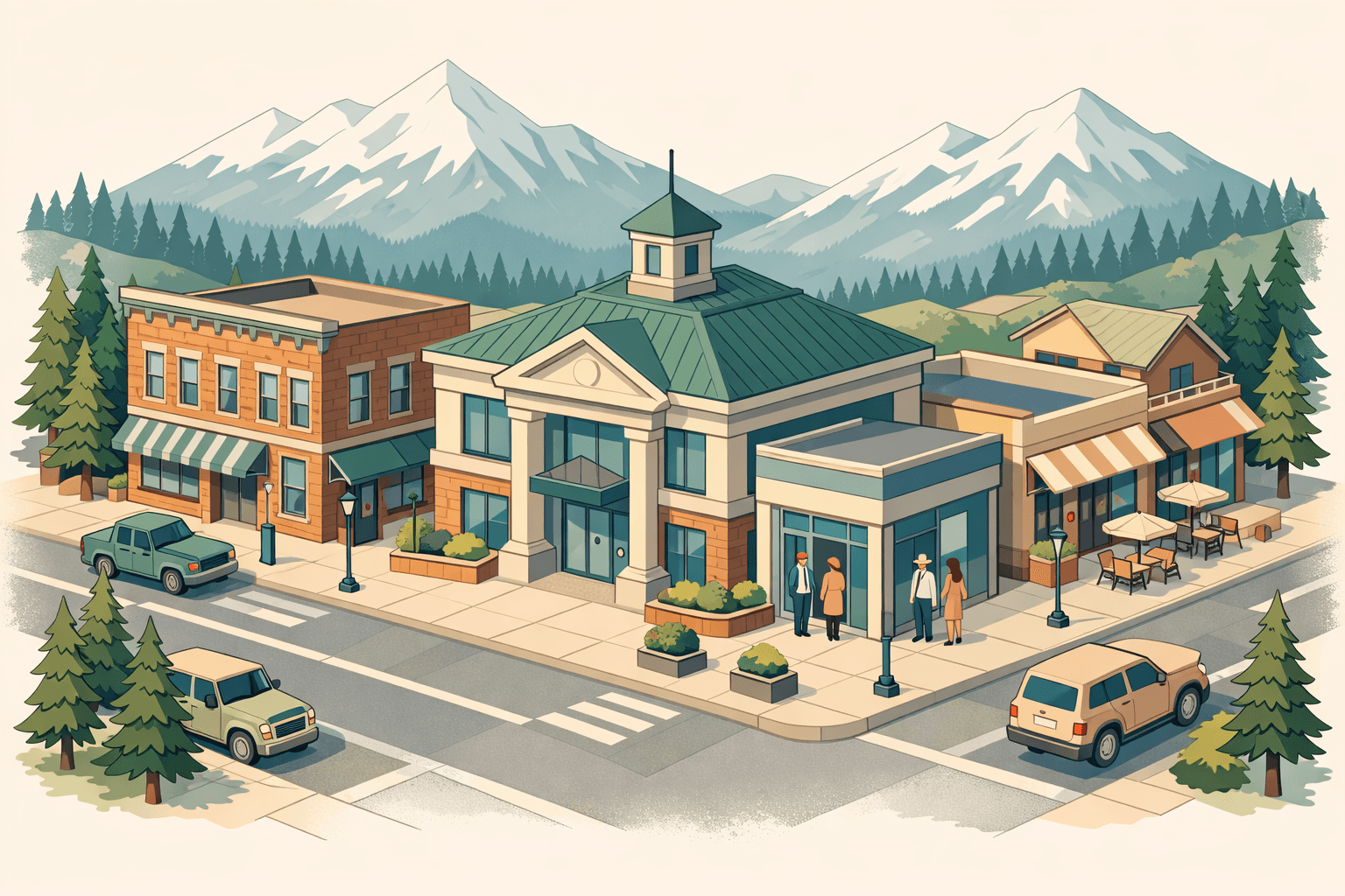 Isometric view of a small Montana mountain town main street with a community bank, local businesses, and snow-capped peaks in the background.