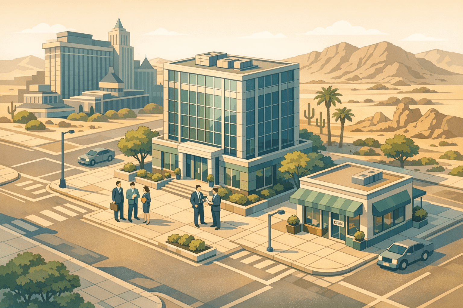 Isometric view of a Nevada downtown business district with a bank building, commercial properties, and small figures representing local business owners.