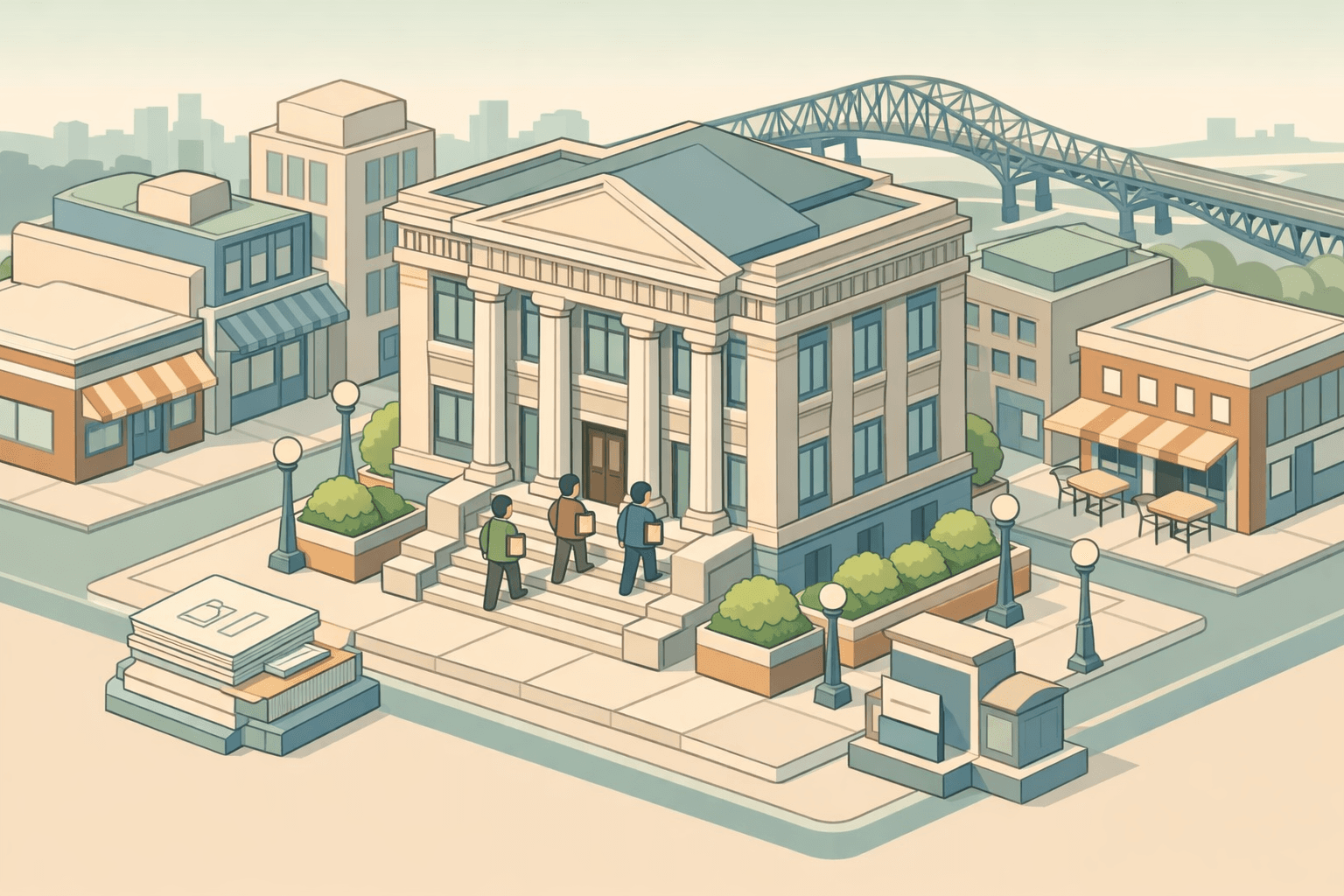 Isometric scene of a New Jersey business district with a bank building, commercial storefronts, a bridge in the background, and small figures carrying documents.