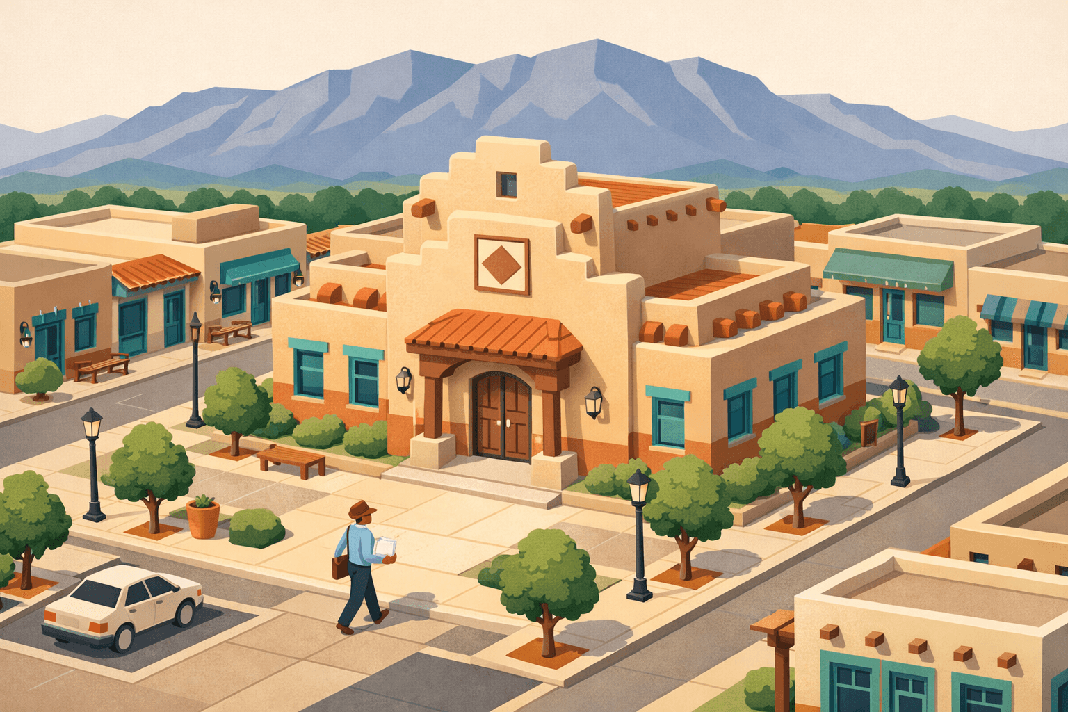 Isometric scene of a pueblo-style bank building in a New Mexico small business district with a mountain range in the background and a business owner approaching the entrance.