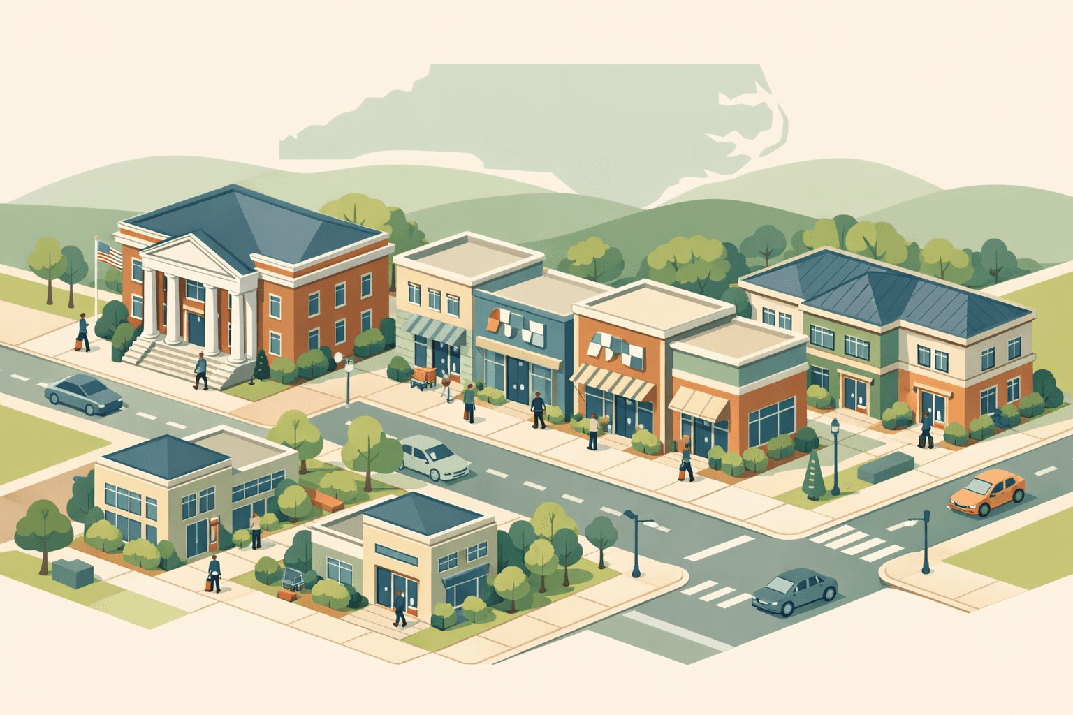 Isometric scene of a North Carolina small business district with a classic bank building, commercial storefronts, and small figures near office entrances.