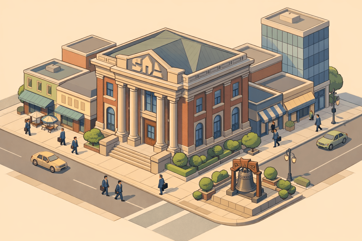 Isometric city block in Pennsylvania with a classic bank building, small commercial storefronts, an office tower, and tiny figures walking nearby.