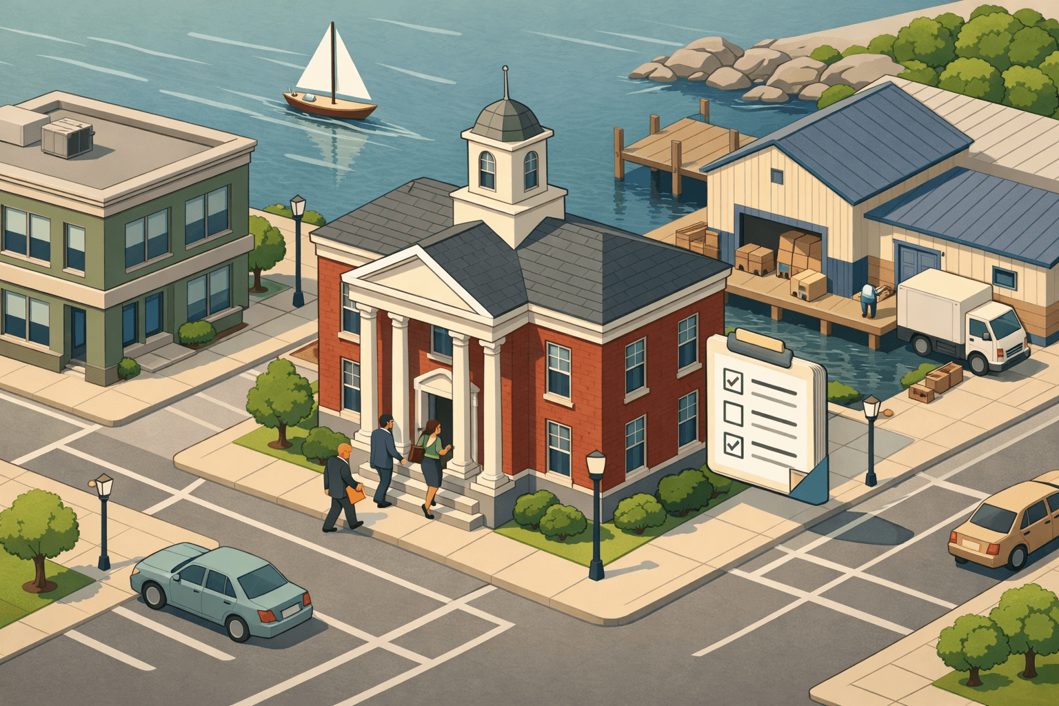 Isometric scene of a Rhode Island downtown bank building near the waterfront with small business figures and a Narragansett Bay backdrop.