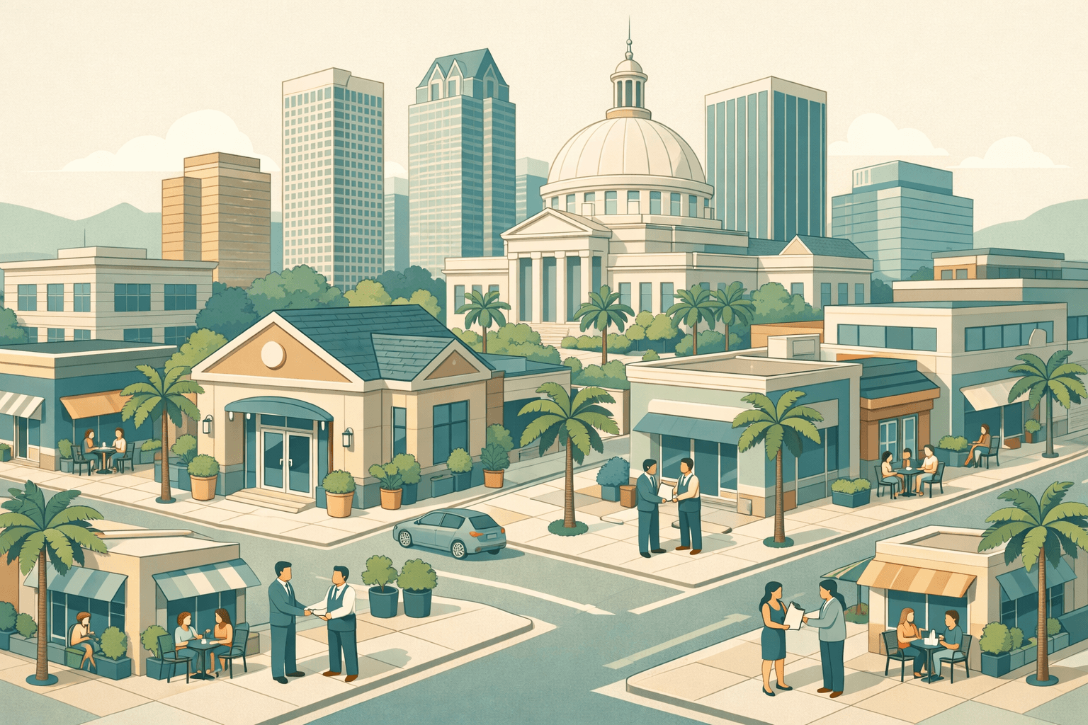 Isometric scene of a Tampa business district with a domed landmark, commercial buildings, a bank branch, and small figures exchanging documents outside.