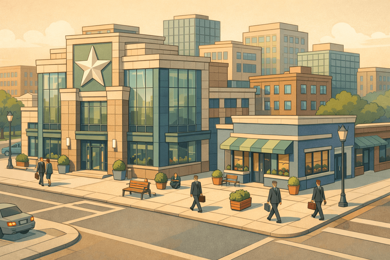 Isometric scene of a Texas city block with a commercial bank building, small business storefronts, and tiny figures walking along downtown streets.