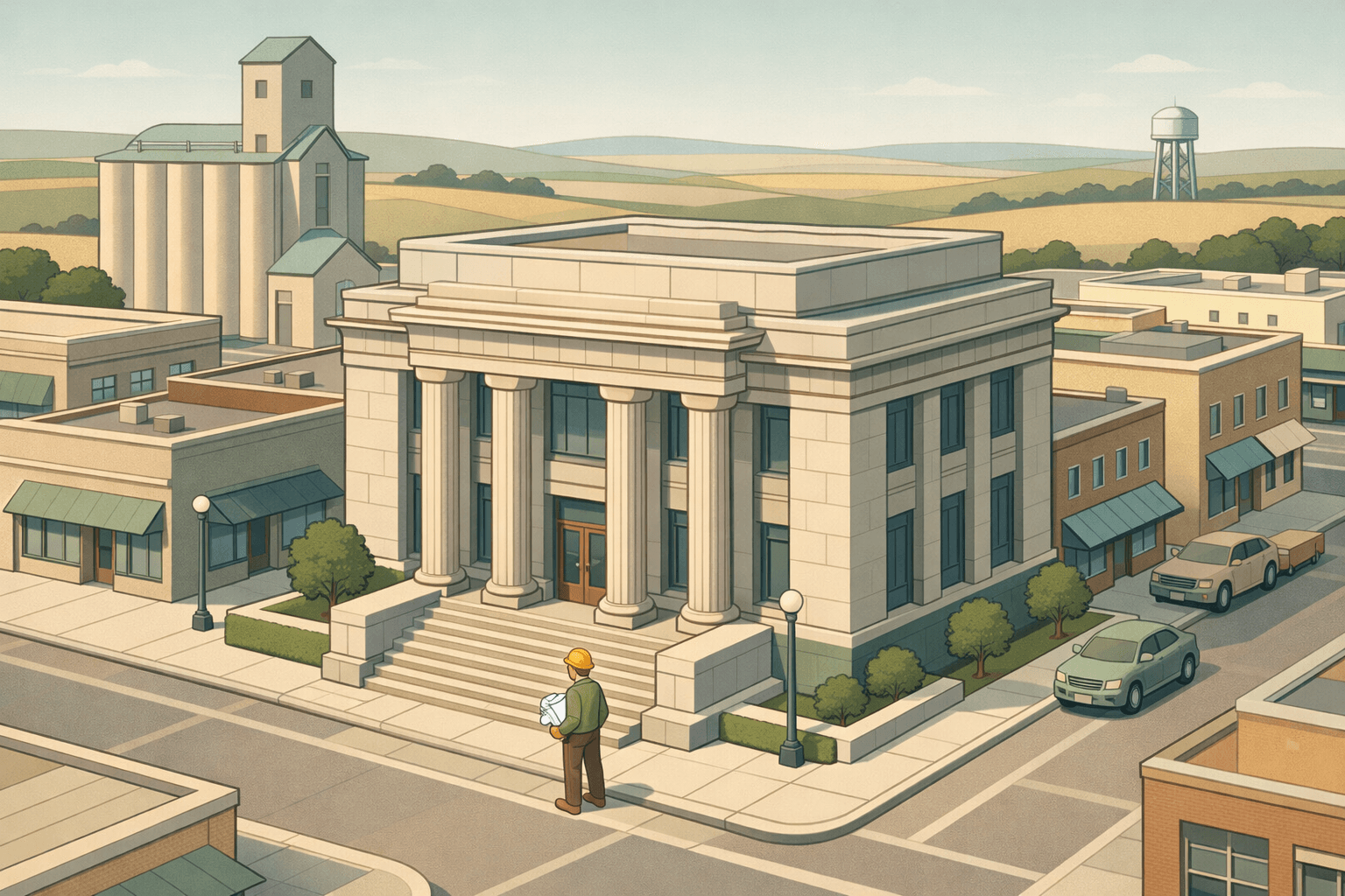 Isometric view of a Great Plains downtown with a bank building, grain elevator, and small business storefronts under an open sky.