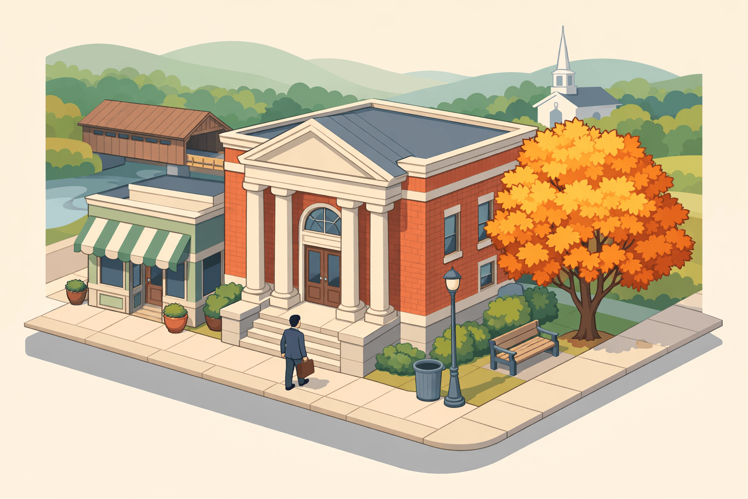 Isometric illustration of a Vermont small-town bank building with a covered bridge, maple tree, and a small business storefront on a quiet main street.