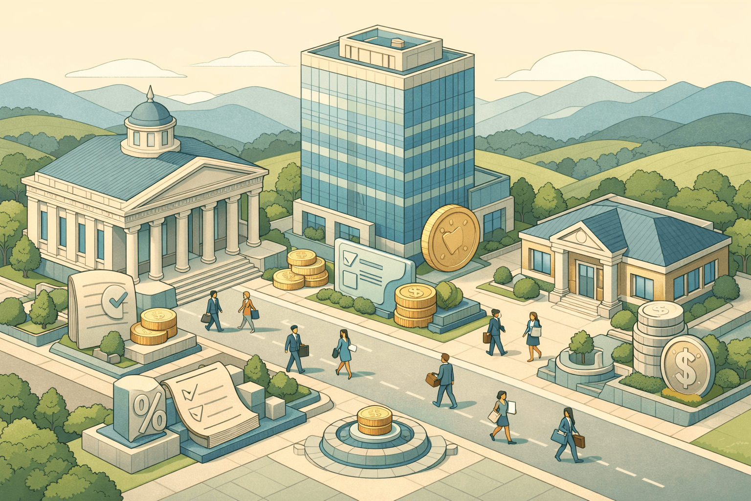 Isometric Virginia business district with a neoclassical building, modern office tower, community bank, and small figures representing small business borrowers.