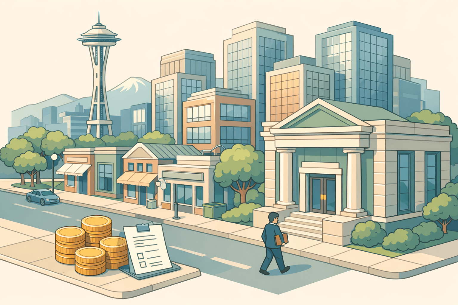 Isometric illustration of a Seattle small business district street with a bank building, the Space Needle in the background, and a tiny figure walking toward the entrance.