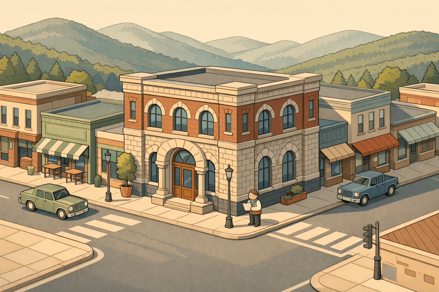 Isometric illustration of a small West Virginia town main street with a brick bank building, storefronts, and forested mountain hills in the background.