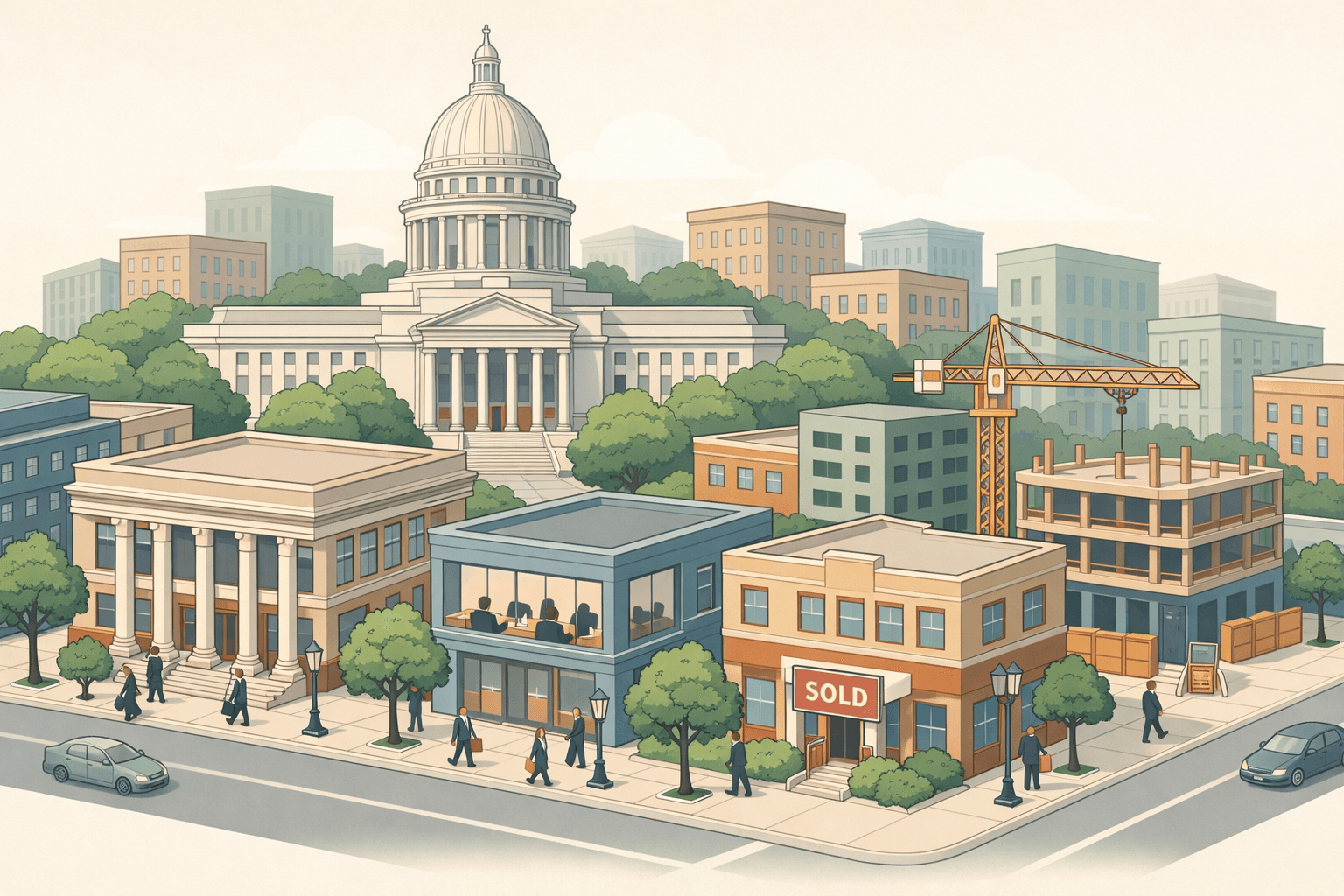 Isometric view of a Wisconsin downtown with a capitol-style building, community bank, commercial properties, and small business figures on the street.