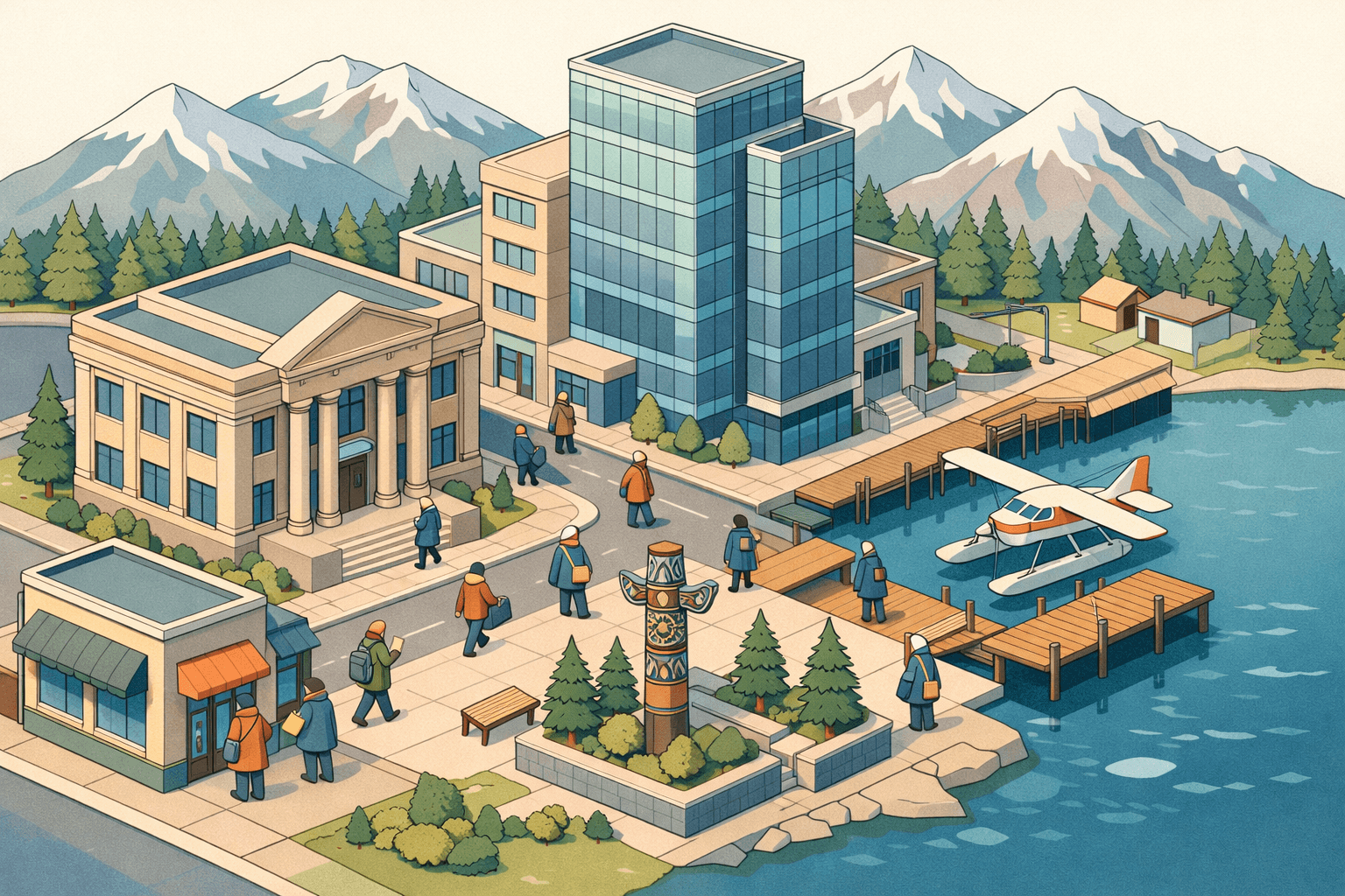 Isometric scene of a small Alaskan town financial district with a community bank, mountain backdrop, floatplane dock, and people carrying business documents.
