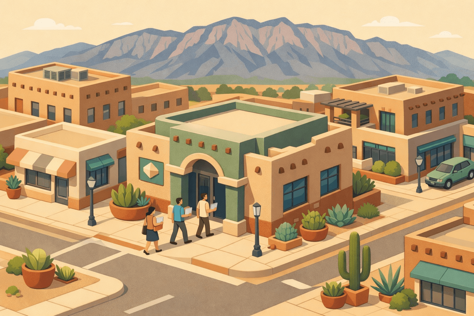 Isometric scene of an Albuquerque business district with adobe-style buildings, a bank branch, small business storefronts, and tiny figures entering a lending office.