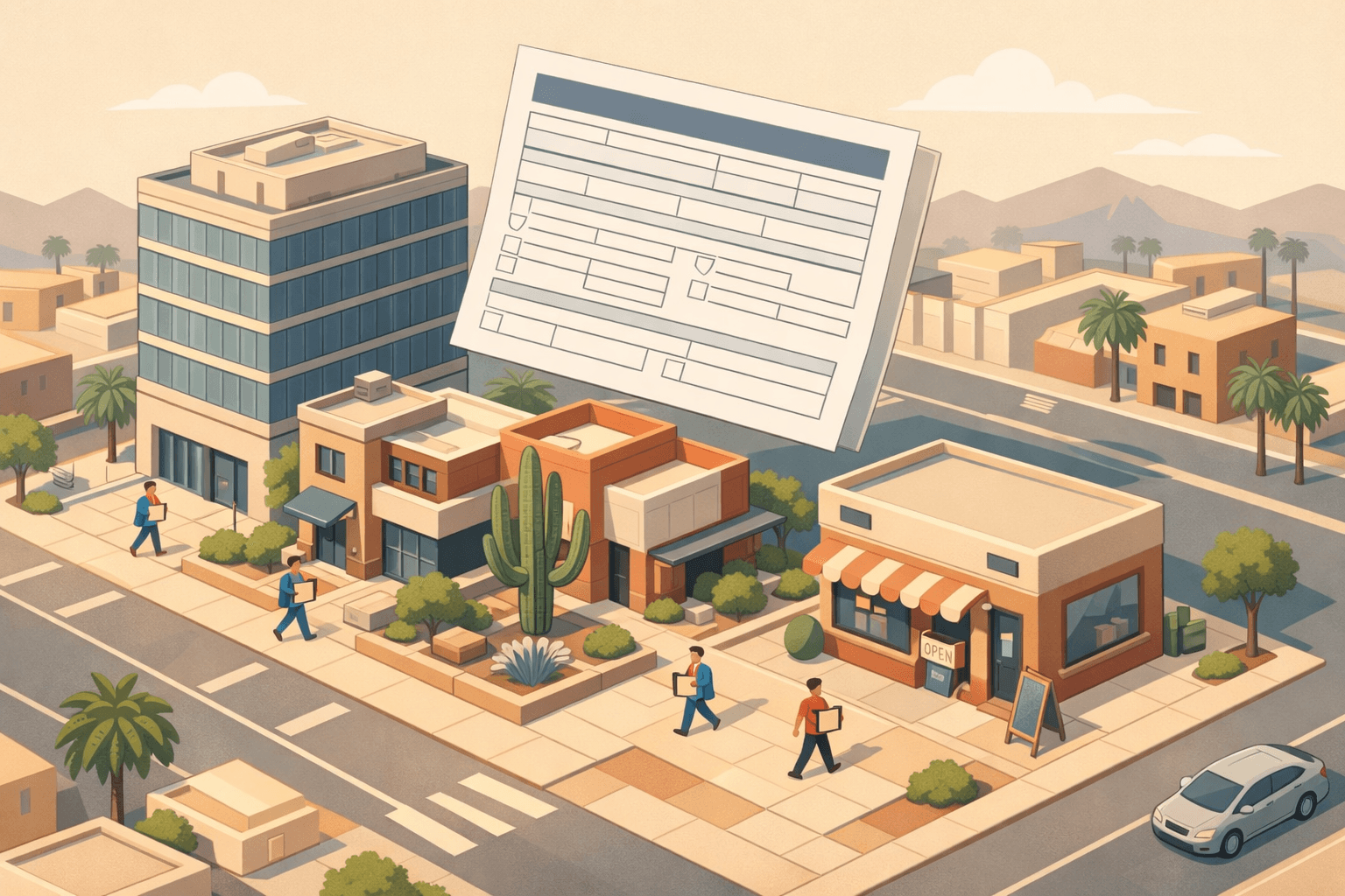 Isometric scene of an Arizona business district with a bank building, small business storefront, desert landscaping, and tiny figures carrying documents.