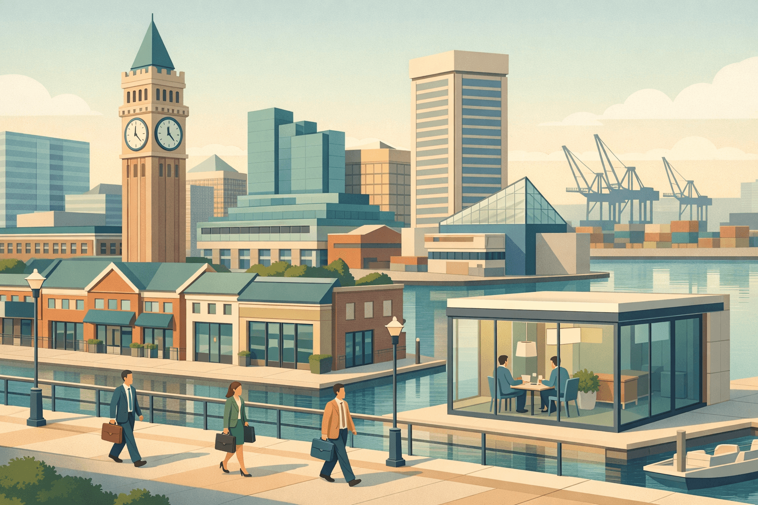 Isometric view of Baltimore's Inner Harbor with small business storefronts, a local bank branch, and tiny figures representing entrepreneurs along the waterfront.