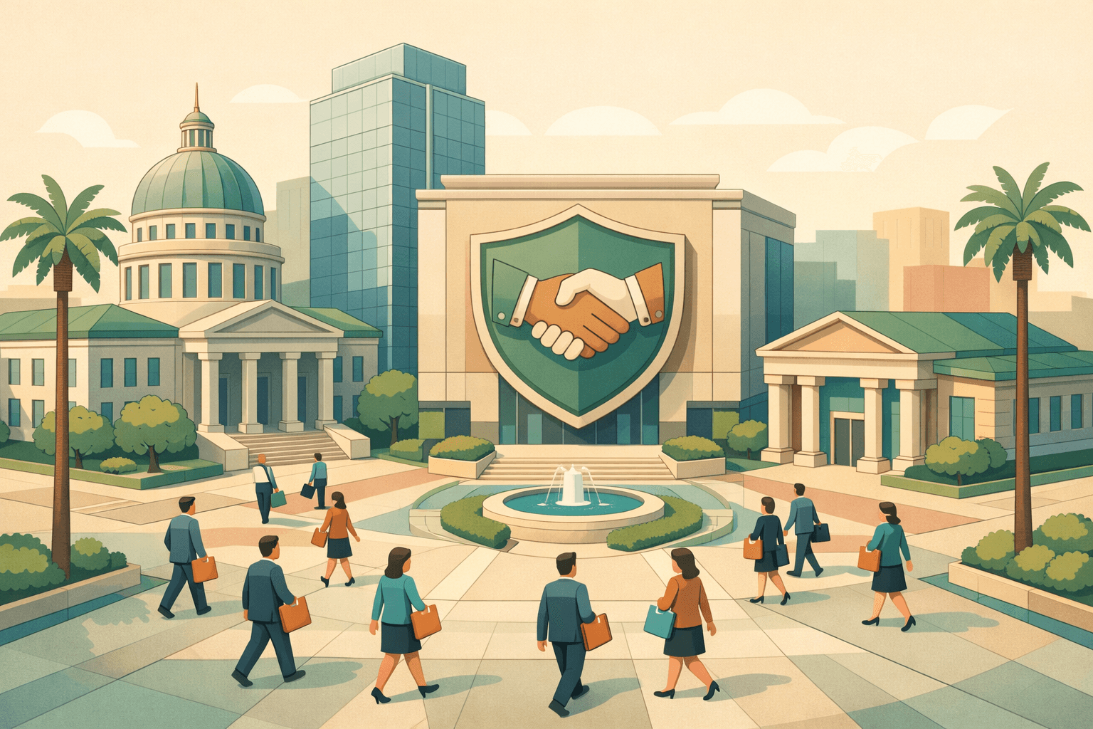 Isometric scene of a California downtown district with a bank building, office tower, and small business owners walking toward a government-backed lending institution.