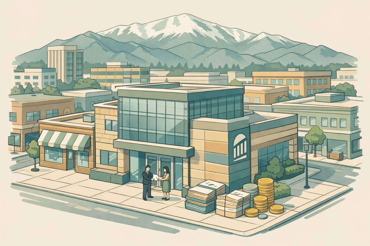 Isometric view of a Colorado Springs bank building near Pikes Peak with small business owners exchanging loan documents outside.