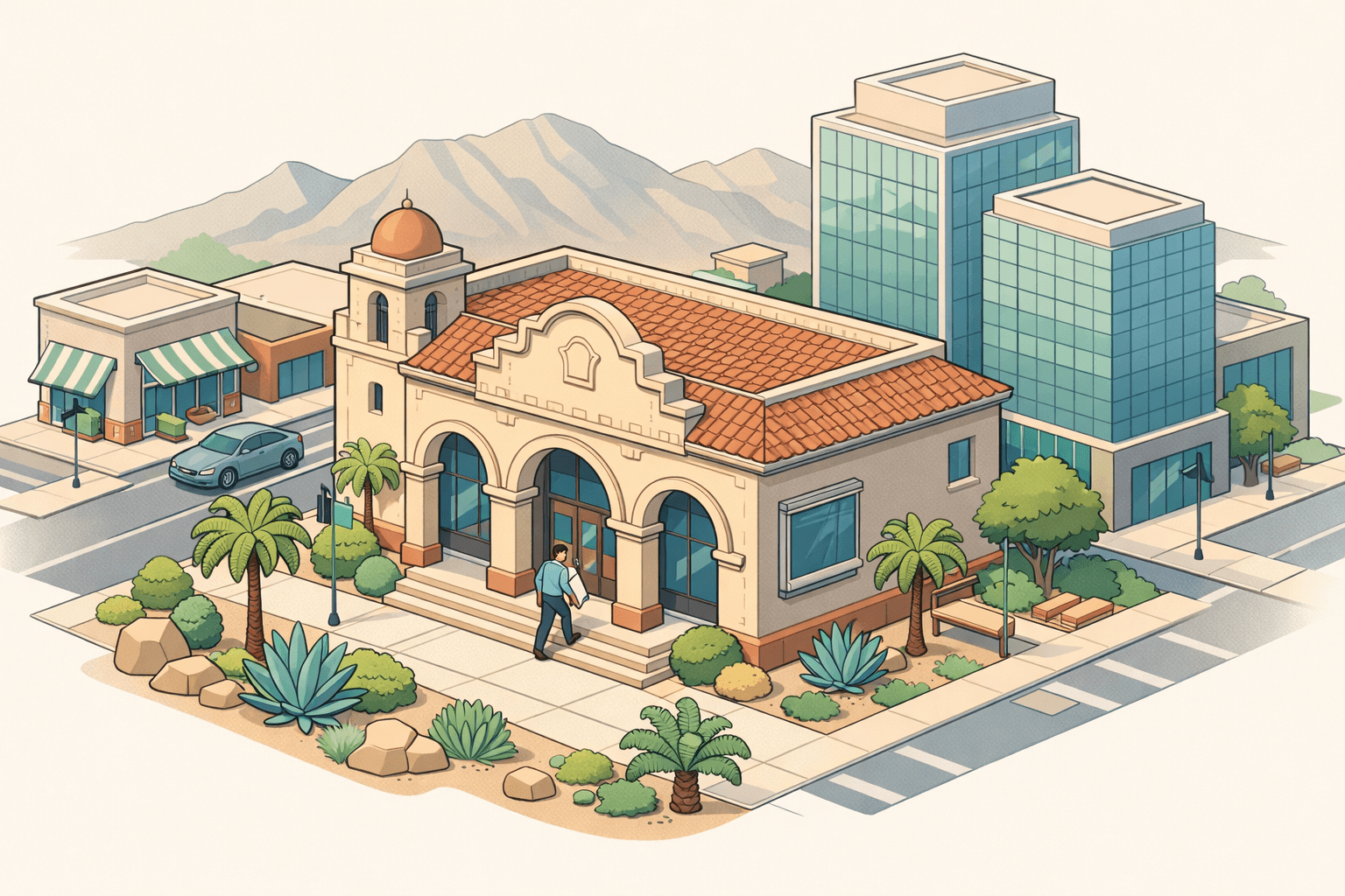 Isometric view of a colonial-style bank and office buildings in an El Paso commercial district with a small business owner approaching the entrance.