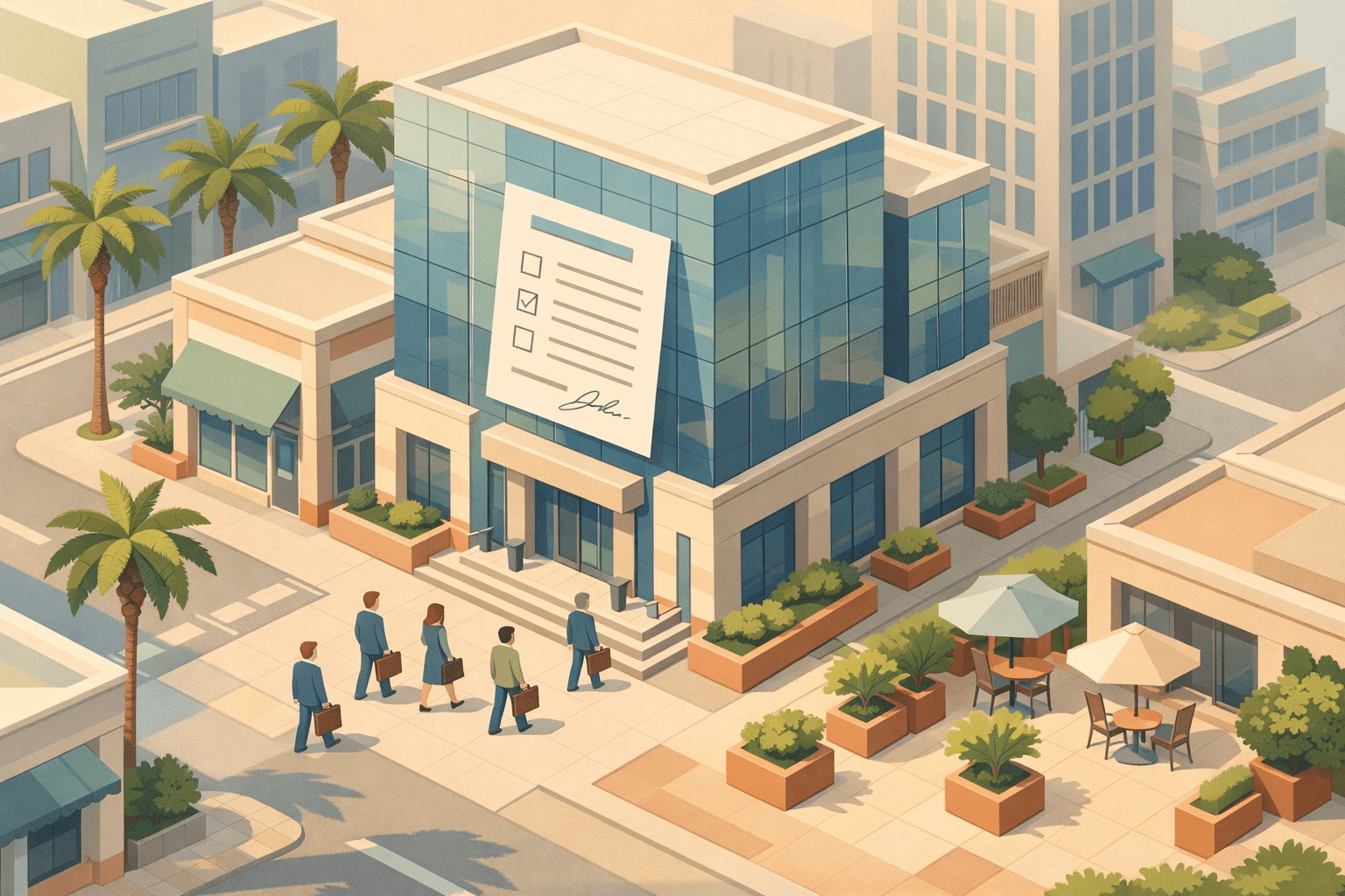 Isometric illustration of a Florida downtown bank and small business storefront with palm trees and tiny business owners approaching the entrance.