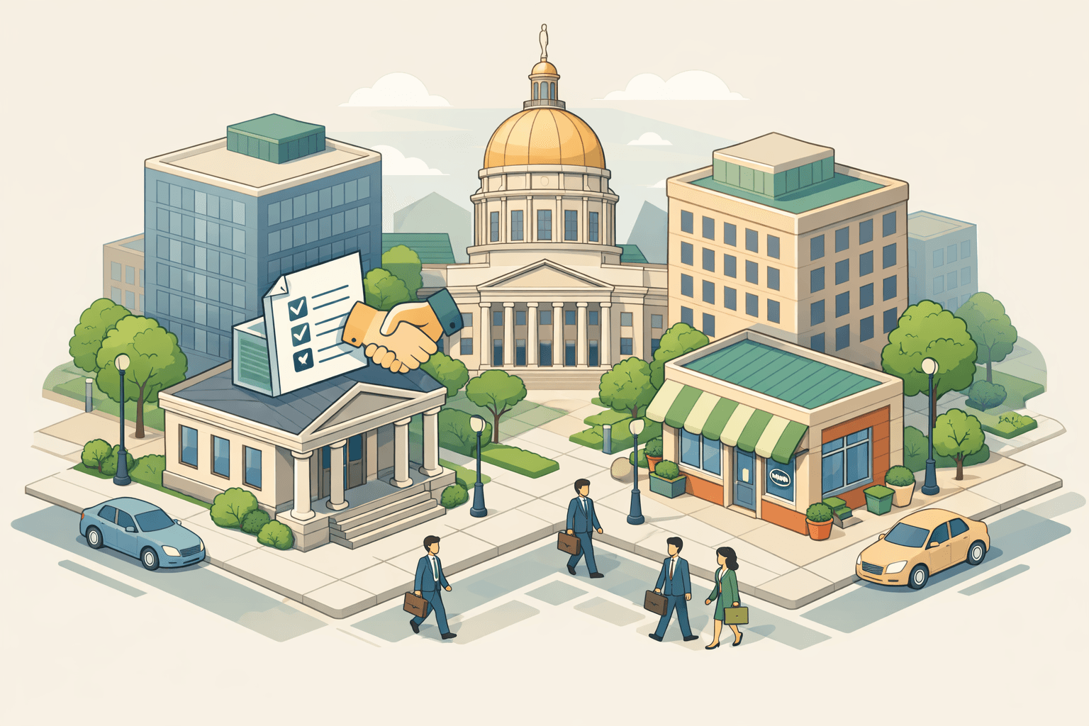 Isometric scene of a Georgia business district with a capitol-style building, commercial offices, a bank branch, and small figures representing business owners.