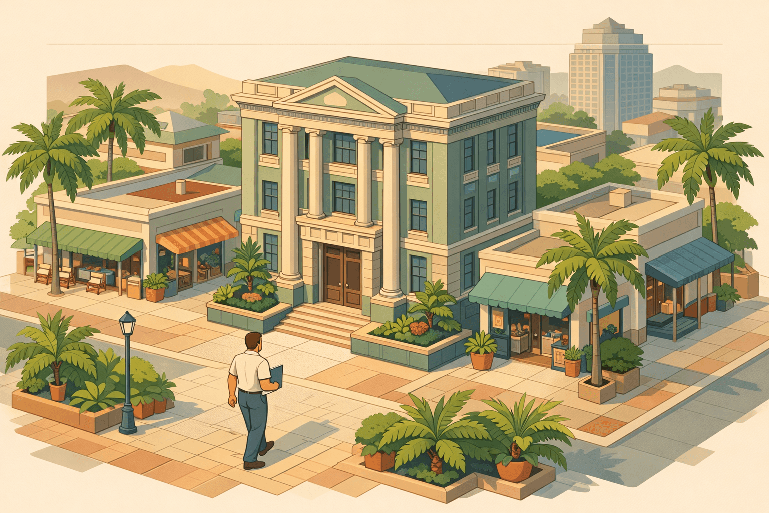 Isometric view of a Hawaiian commercial street with a bank building, small business storefronts, palm trees, and a business owner approaching the entrance.