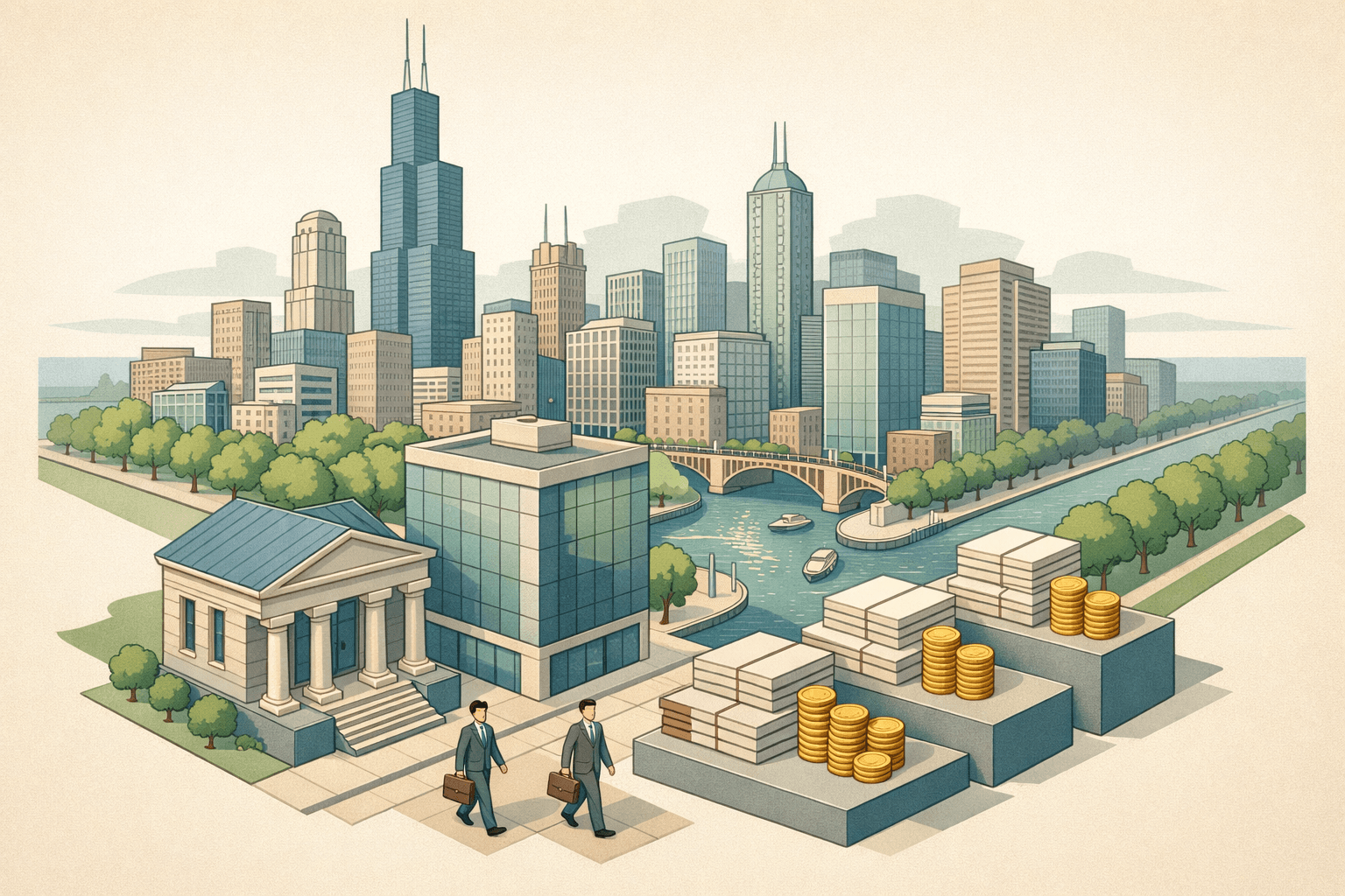 Isometric Chicago skyline with a community bank, modern office buildings, and small business owners walking along a city boulevard with loan documents.