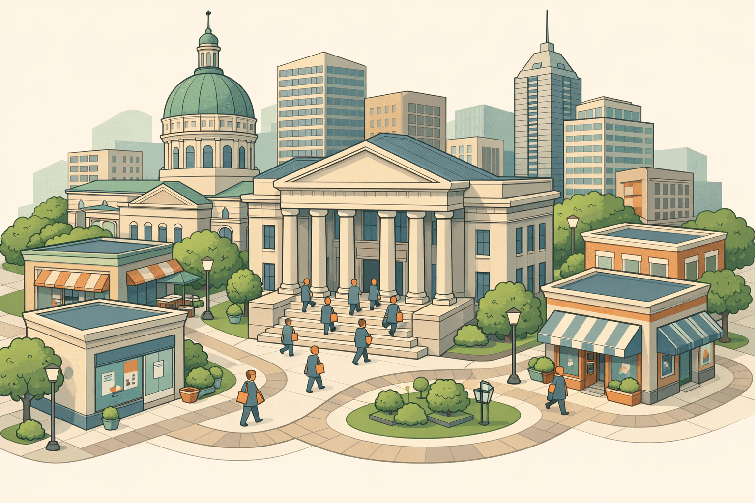 Isometric scene of an Indiana downtown bank building and small business storefronts with tiny figures approaching to apply for small business loans.