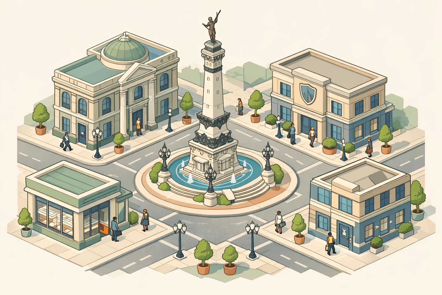 Isometric illustration of an Indianapolis business district with a central monument, commercial bank buildings, and small figures carrying loan documents near storefronts.